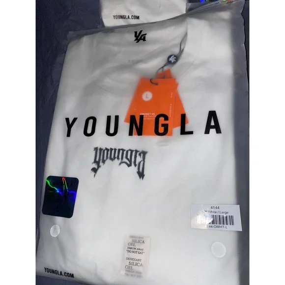 YOUNGLA Mens Off-White Distressed T-Shirt Graphic Print Size Large Oversized Tee - Picture 4 of 6